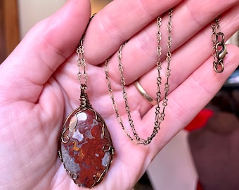 Red Moss Agate and Brass Chain Necklace