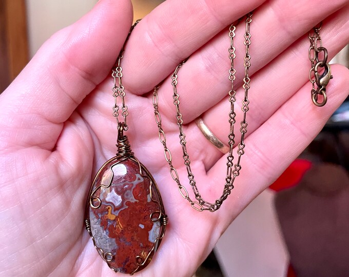 Red Moss Agate and Brass Chain Necklace