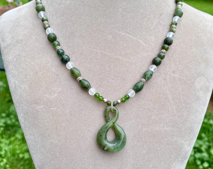 Australian Jade Infinity Symbol Necklace with Selenite & Sterling Silver 18 inches