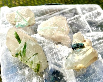 Elbaite Tourmaline on Quartz Crystal Clusters Set of 4