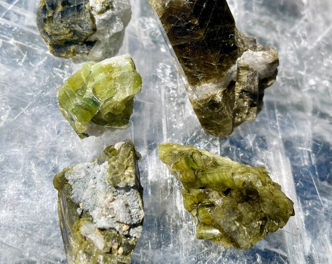 Green Tourmaline Crystal Clusters Set of 5