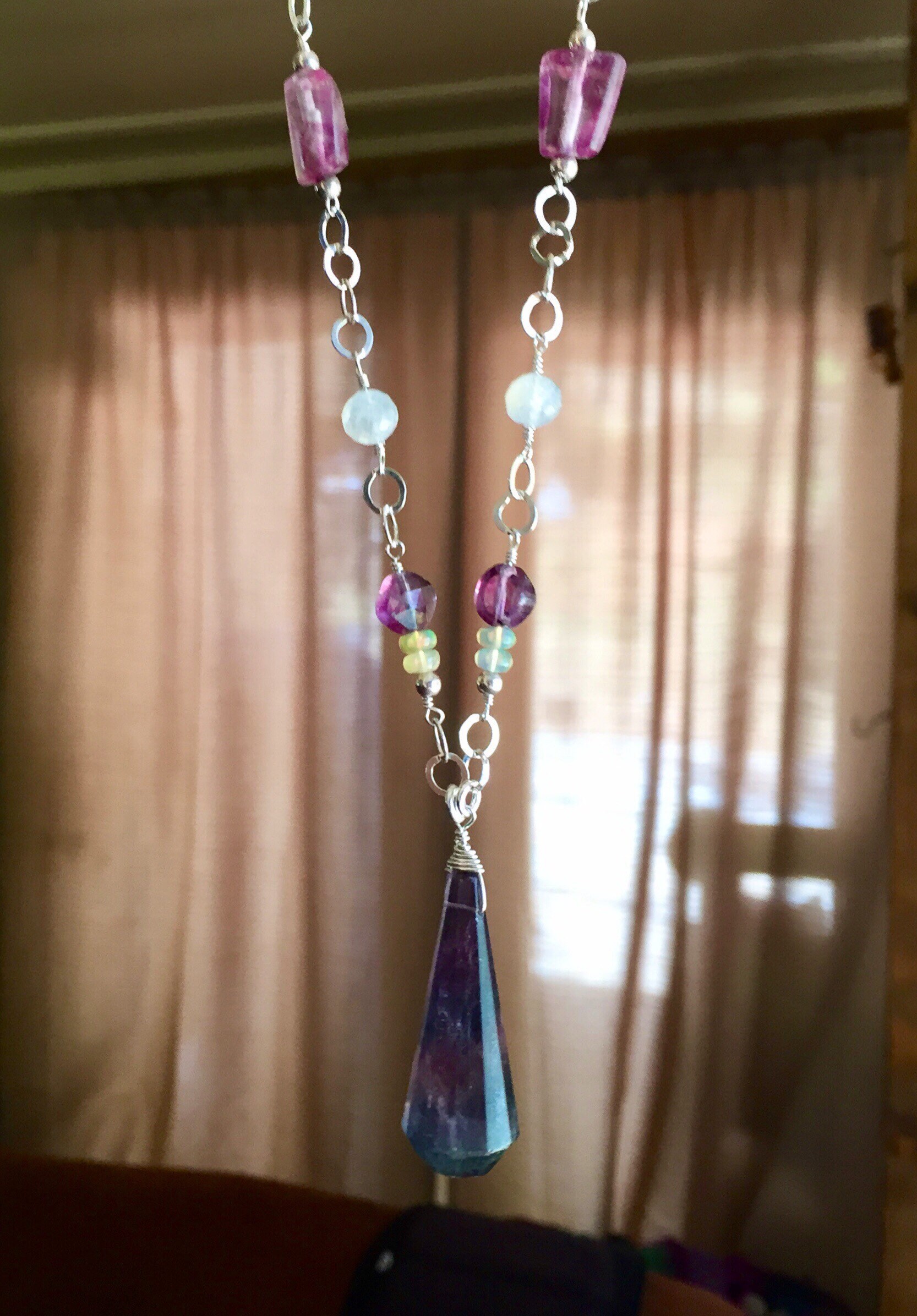 Fluorite, Moonstone and Opal crystal necklace with Sterling Silver