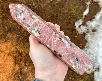 Sunstone and Green Tourmaline Obelisk Pillar Tower Point Wand Column Generator 1.67 lbs