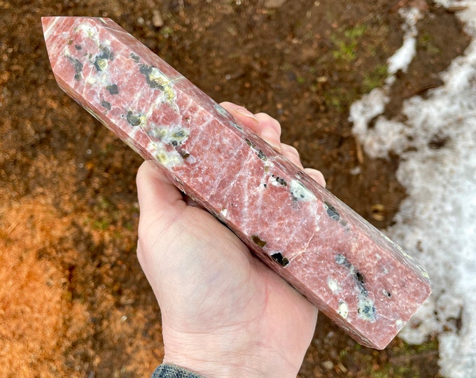 Sunstone and Green Tourmaline Obelisk Pillar Tower Point Wand Column Generator 1.67 lbs