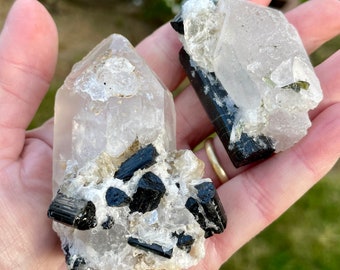 Blue and Green Tourmaline on Quartz Crystal Clusters Set of 2