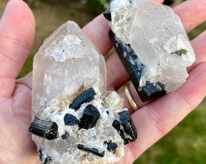 Blue and Green Tourmaline on Quartz Crystal Clusters Set of 2