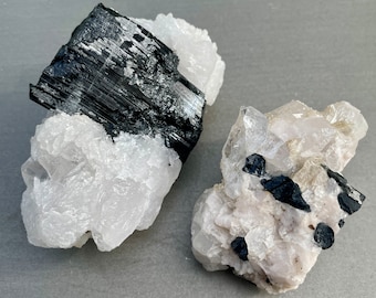 Black Tourmaline with Cleavelandite and Quartz Clusters Set of 2