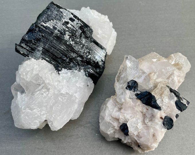 Black Tourmaline with Cleavelandite and Quartz Clusters Set of 2