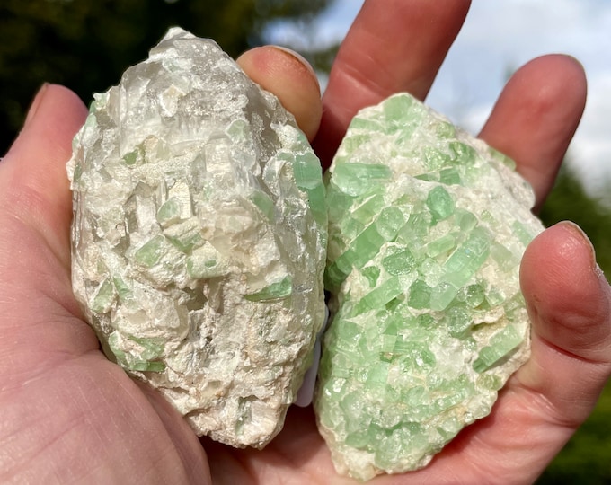 Green Tourmaline on Quartz Clusters Set of 2