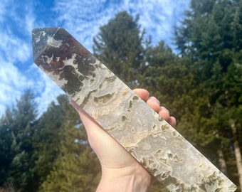 3.56 lbs Moss Agate Obelisk Pillar Tower Point Wand Column Generator