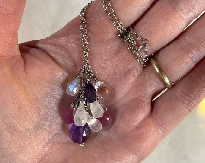19 inch Sterling Silver Waterfall Necklace With Pink Sapphire Amethyst Moonstone and Quartz