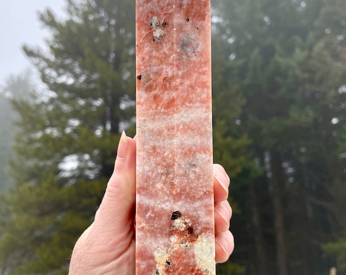 Sunstone and Green Tourmaline Obelisk Pillar Tower Point Wand Column Generator 1.56 lbs