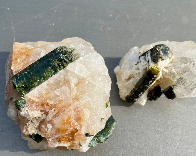 Green Tourmaline in Quartz Crystal Clusters Set of 2