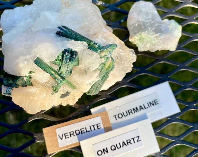 Green Tourmaline on Quartz Clusters 356 grams Set of 2