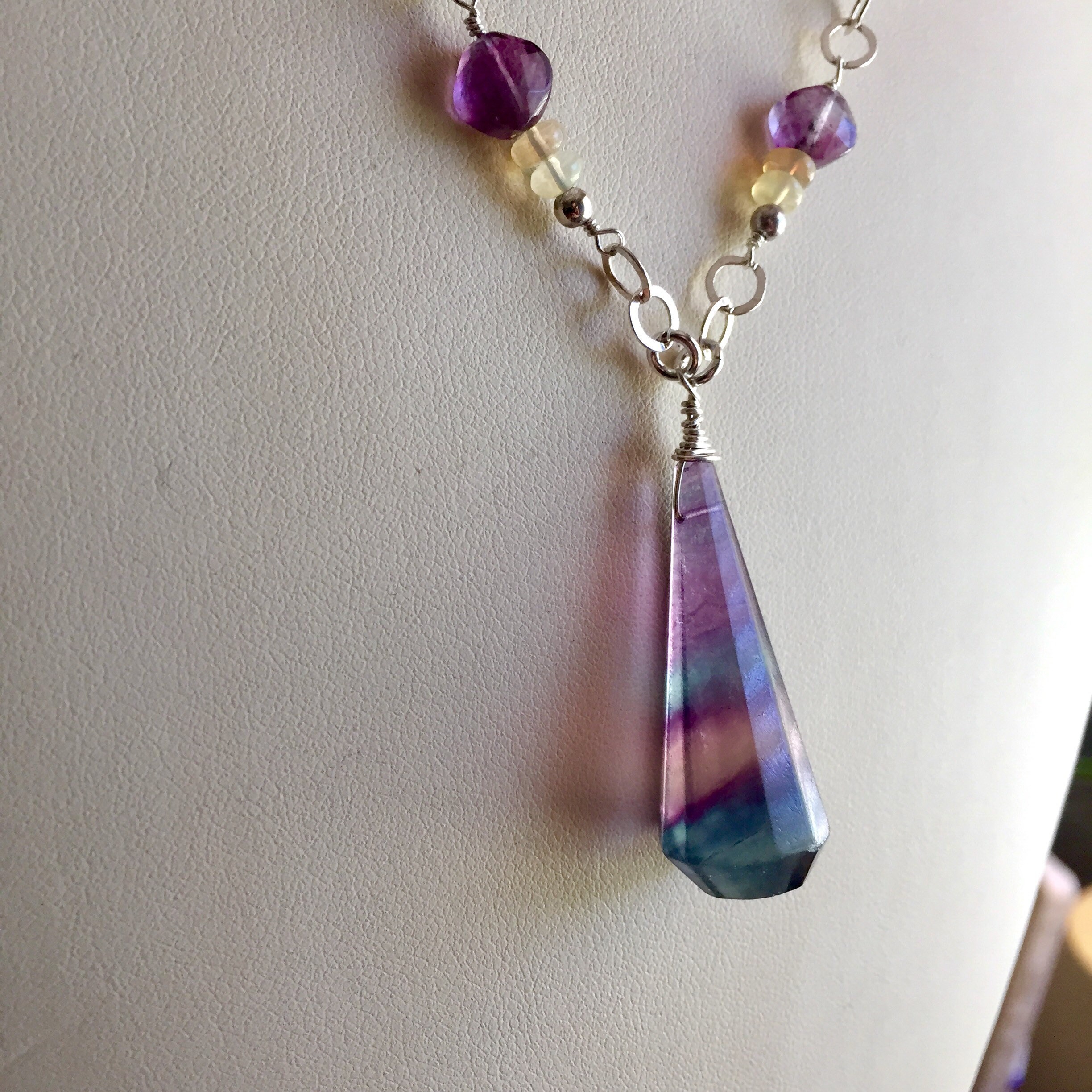 Fluorite, Moonstone and Opal crystal necklace with Sterling Silver