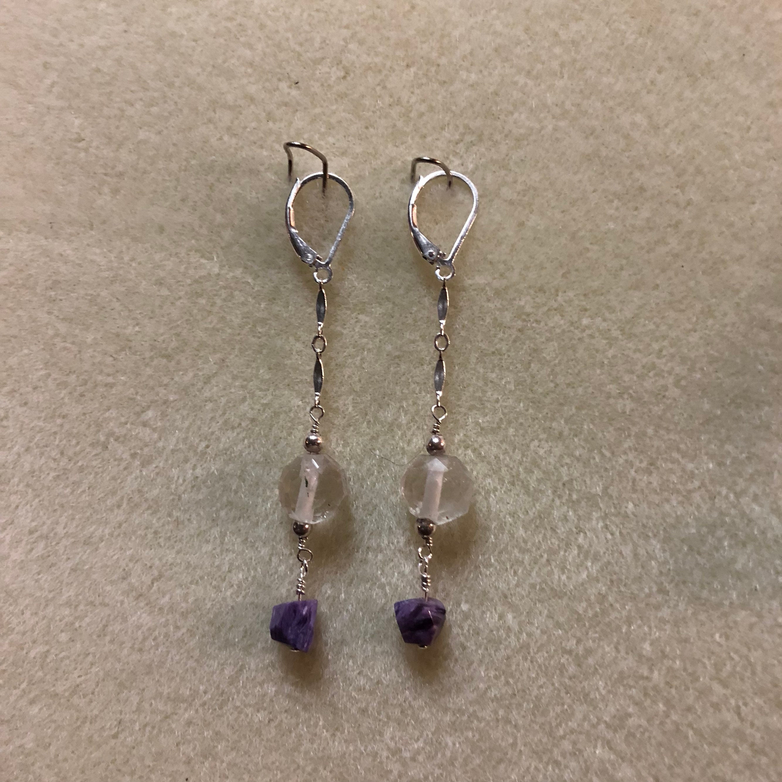 Topaz, Charoite and Sterling Silver Chain Earrings
