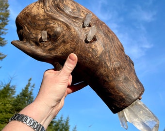 Large Carved Oak Burl with Quartz Crystals