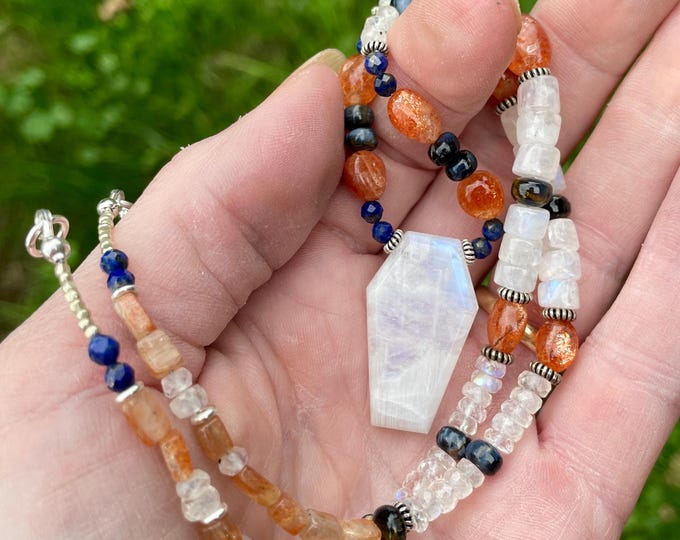 18 inch Rainbow Moonstone Necklace with Sunstone Lapis Pietersite