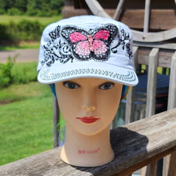 Ladies White & Pink Butterfly BLING Hat