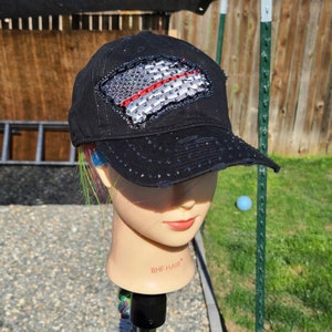 Ladies USA Red Line Tattered Flag BLING Hat