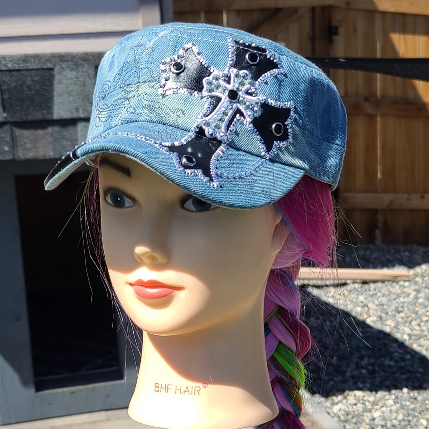 Ladies Lt Blue Denim & Black Cross BLING Hat