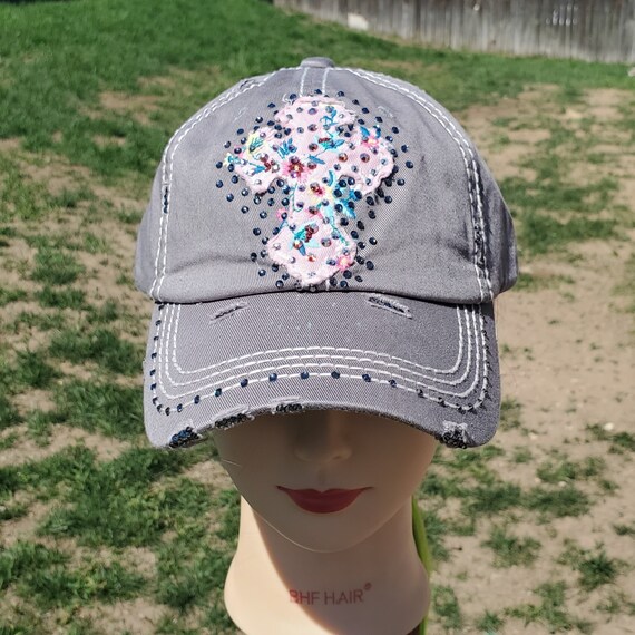 Ladies Light Gray Cross BLING Hat - Etsy display picture 3