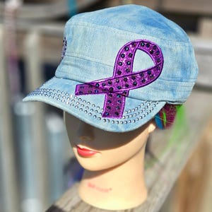 Ladies Light Denim Blue Purple Ribbon BLING Hat
