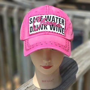 Ladies Pink Save Water Drink Wine Cheers BLING Hat