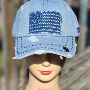 Ladies Light Blue Denim USA Flag BLING Hat