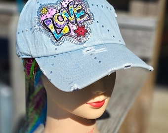 Light Blue Denim Love BLING Hat NEW
