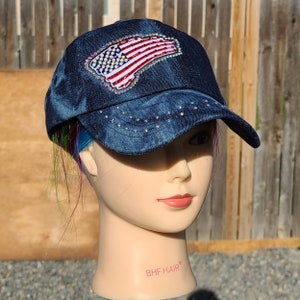 Ladies Dark Blue Denim Tattered USA Flag BLING Hat
