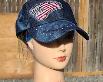 Ladies Dark Blue Denim Tattered USA Flag BLING Hat