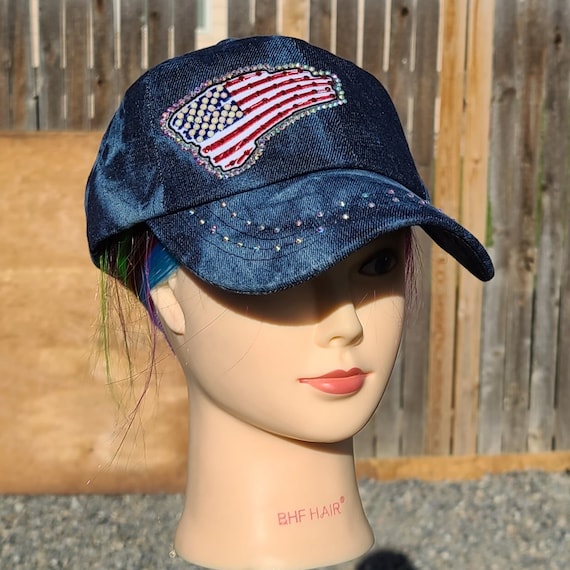 Denim Cap with American Flag and Rhinestones USA Stylish Rhinestone Bling Bedazzled American Flag Cotton  main image 2