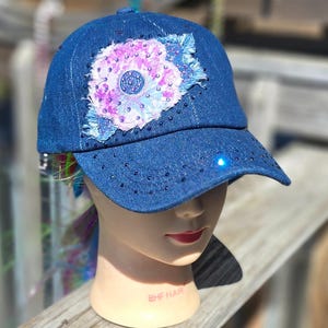 Ladies Dark Blue Denim & Purple Fringe Flower BLING Hat