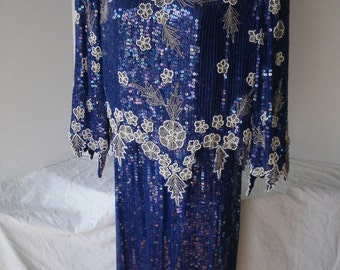 Stunning BLUE Silk Beaded Sequined Two Piece Evening Gown Cocktail Blouse Top & Skirt Set Asymmetric Hem Iridescent Shimmer Made In INDIA