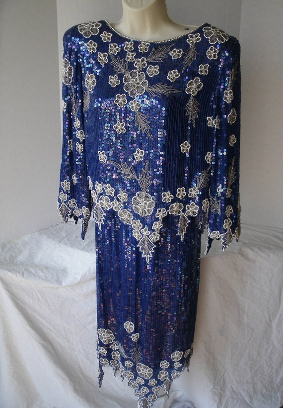 Stunning BLUE Silk Beaded Sequined Two Piece Eveni