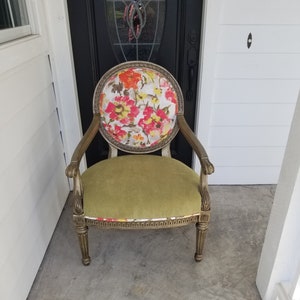 Large comfortable chair with red and orange flowers & beautiful greens. Living room chair. Comfy chair in sage green. Flower and bird print