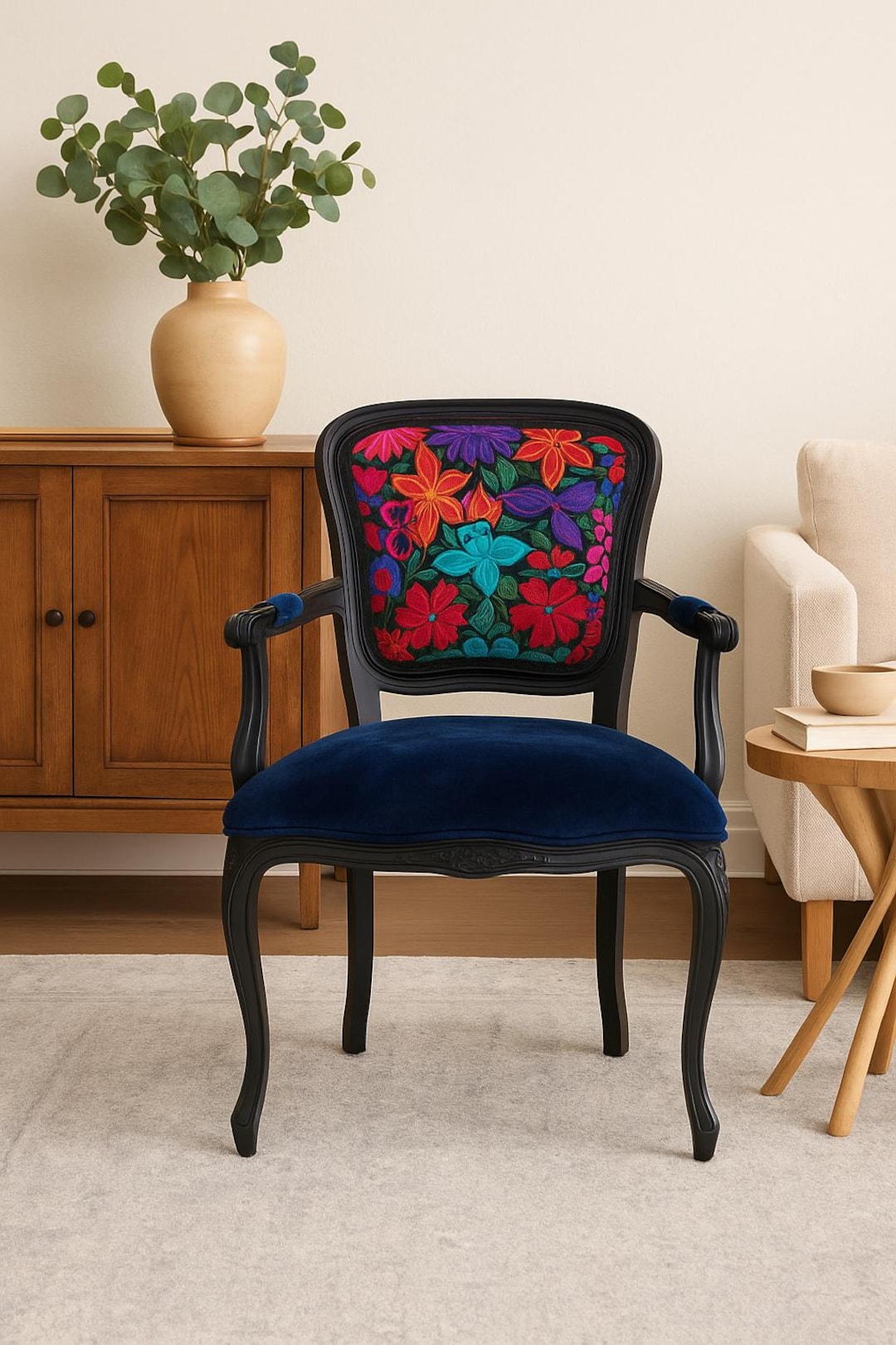 Embroidered Mexican Floral Accent Chair – Black Wood Frame, Blue - Main Image