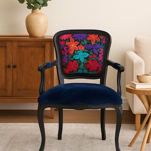 Embroidered Accent Chair – Mexican Floral Textile Armchair – Black Frame with Navy Velvet Seat – Free Shipping - Gift for her