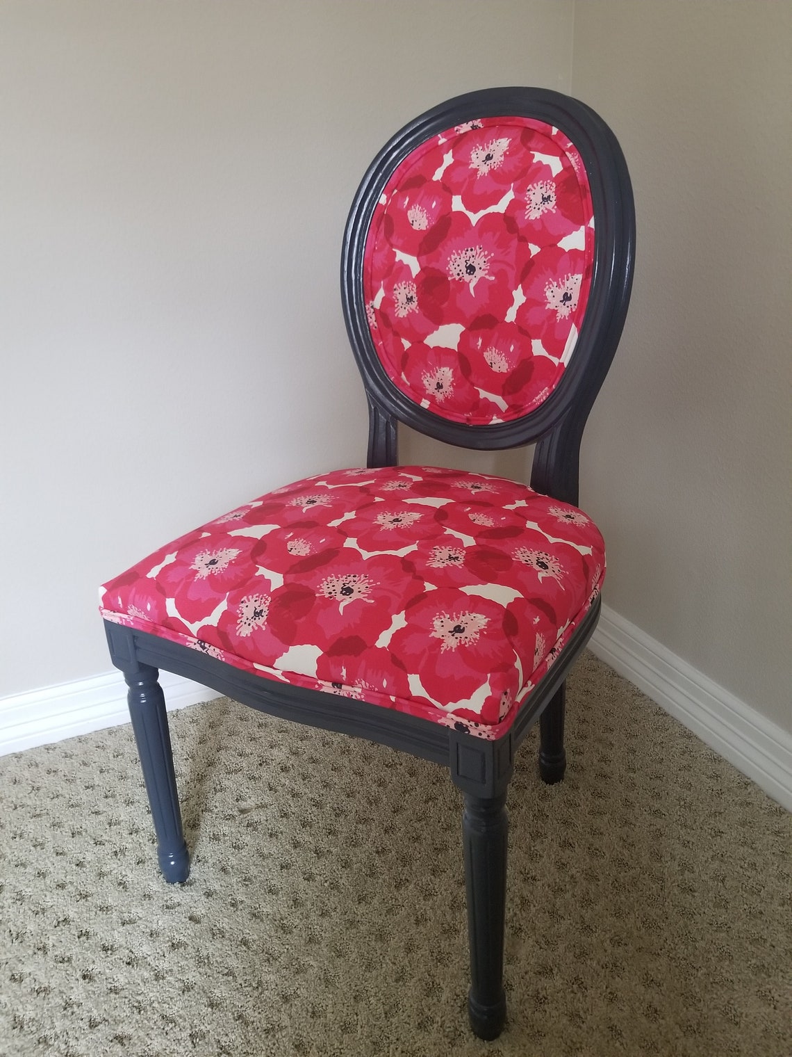 Contemporary Navy Blue Chair With Pink and Red Flowers. Flower Etsy