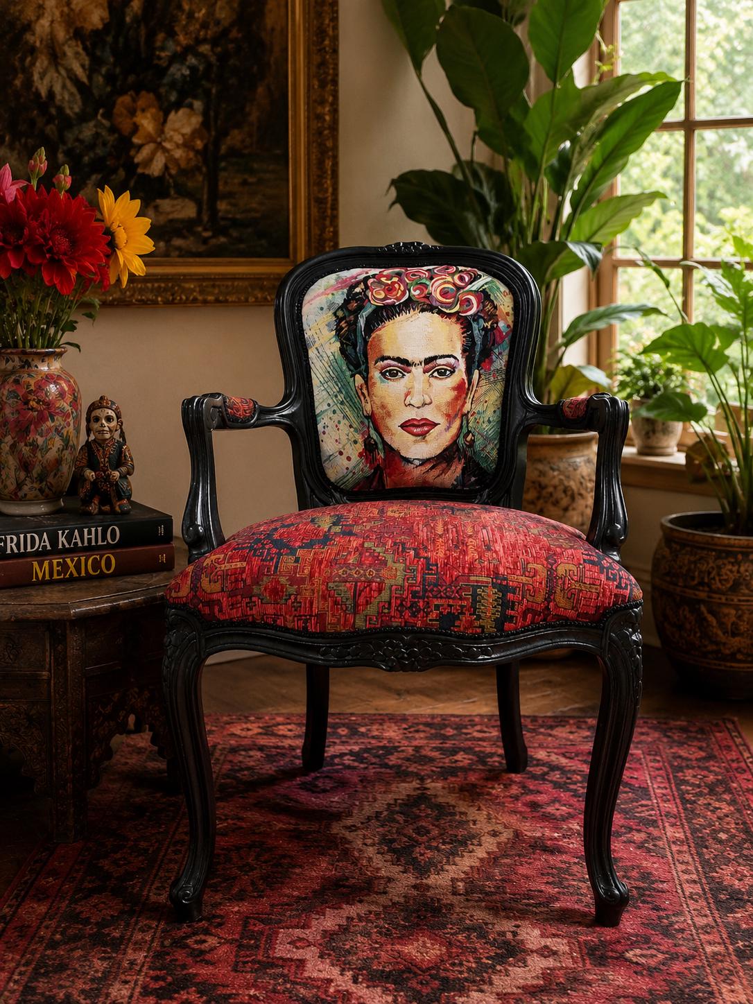 Frida Kahlo Armchair, Mexican Folk Art, Turkish Kilim Tapestry