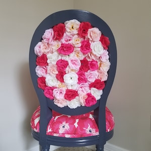 Contemporary navy blue chair with pink and red flowers. Flower collage on the back of chair. Unique accent chair. Perfect gift for her.