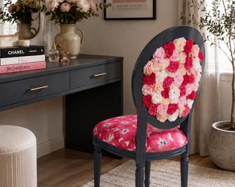 Hand-Painted Floral Accent Chair: Navy Frame, Faux Flower Back | Unique Chair | One-of-a-Kind Art Chair - Gift for Her
