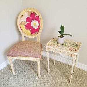 Chair made beautiful with a statement flower. Raw wood lets the fabric be the focus of accent chair. Chair for bedroom, office. Gift for her