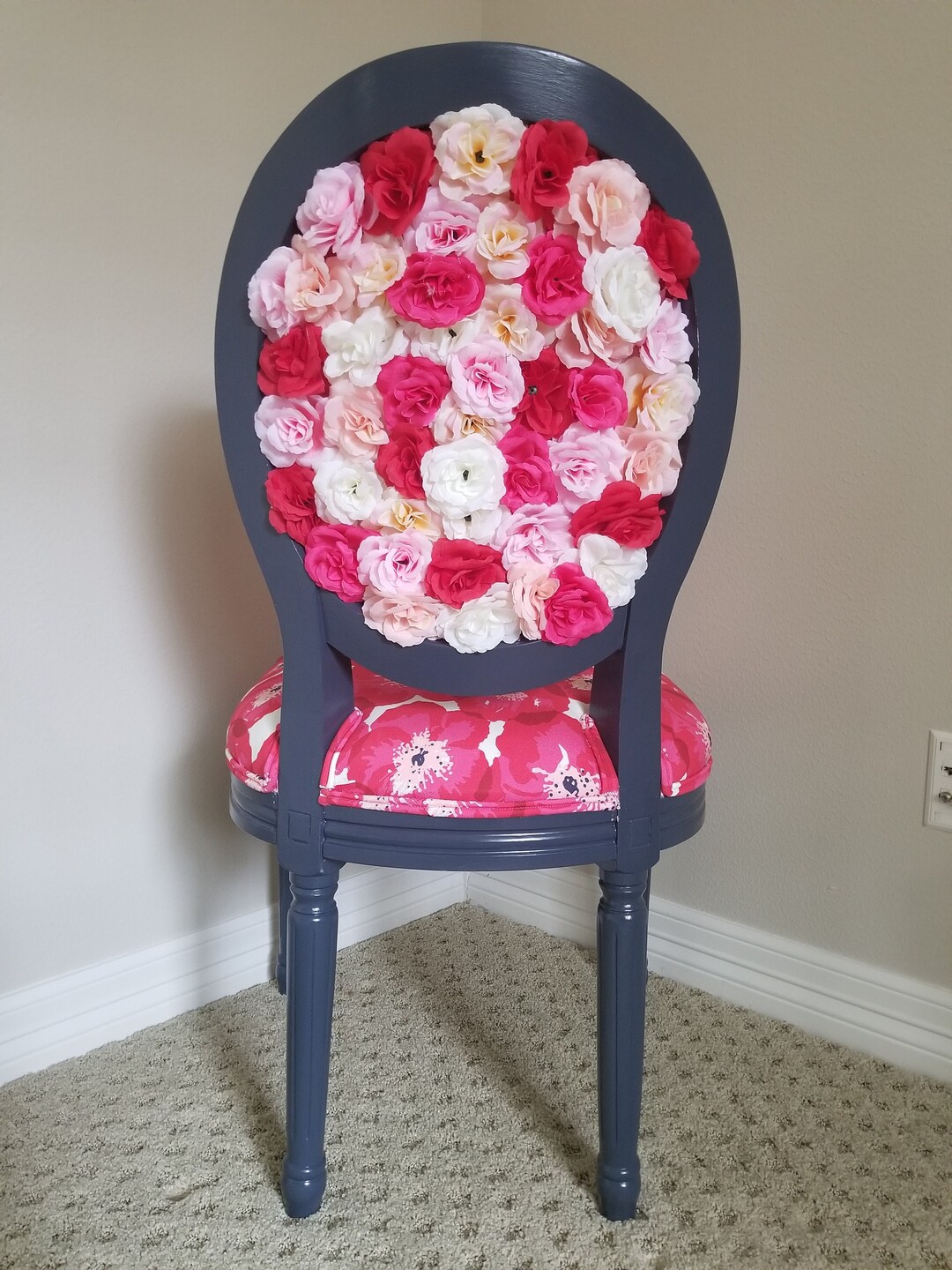 Contemporary Navy Blue Chair With Pink and Red Flowers. Flower Collage on the Back of Chair