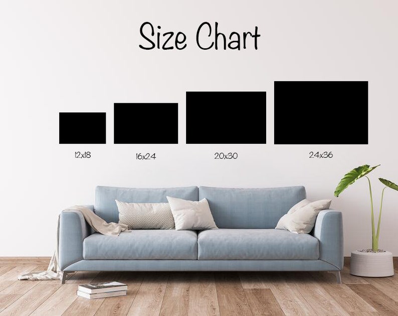 May include: Size chart for canvas prints showing four different sizes: 12x18 inches, 16x24 inches, 20x30 inches, and 24x36 inches. The chart is displayed on a white wall with a light blue sofa in the foreground.