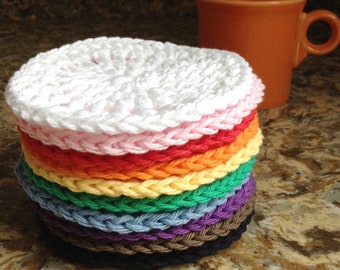 10 Crocheted Coasters, Rainbow of Colors, Pride, 100% Cotton, Crochet, Handmade