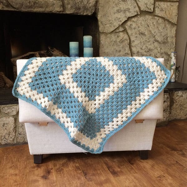 Blue & Off White Classic Granny Square Afghan, Lap Afghan, Crochet, Throw, Baby Afghan, Handmade, Made in California