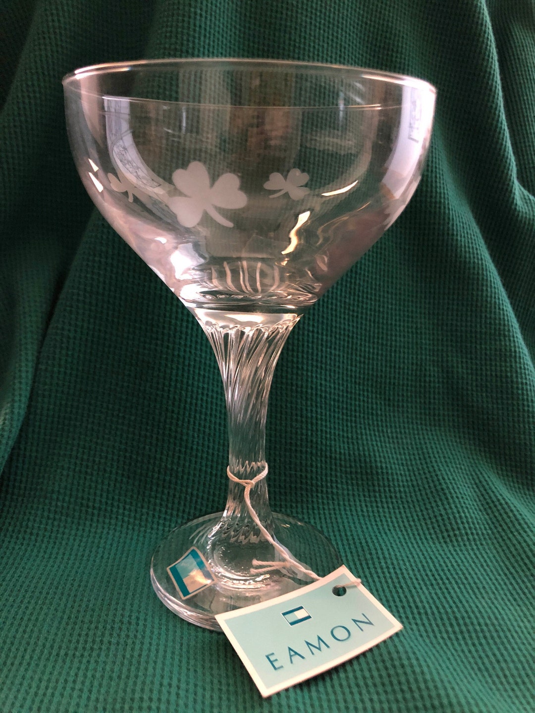 Eamon Champagne Glass / Coupe, Etched Shamrocks, Twisted Stem, Made in