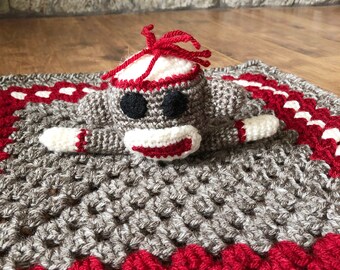 Crochet Sock Monkey Lovey, Security Blanket, Granny Square, Handmade, Made in California